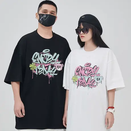 300g重磅美式字母印花短袖t恤街头大码黑色圆领纯棉情侣半袖男女商品大图