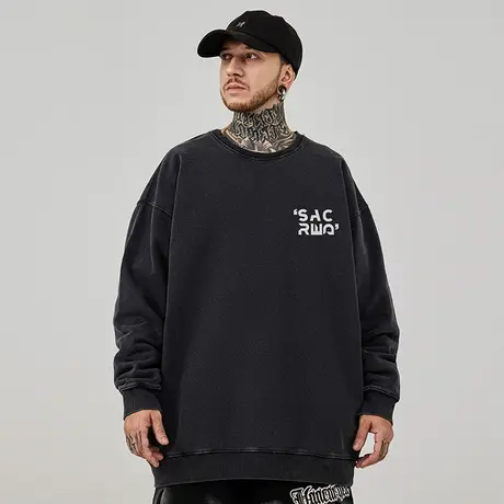 加肥加大码美式字母重磅复古胖子男装宽松水洗做旧圆领卫衣春秋季商品大图