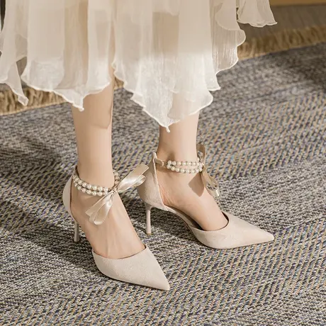 法式珍珠绑带高跟鞋女2024夏季新款气质名媛尖头中空细跟宴会单鞋图片