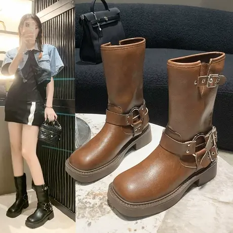 马丁靴女秋款2023年爆款秋季骑士靴朋克靴中筒短靴子皮带扣时装靴图片