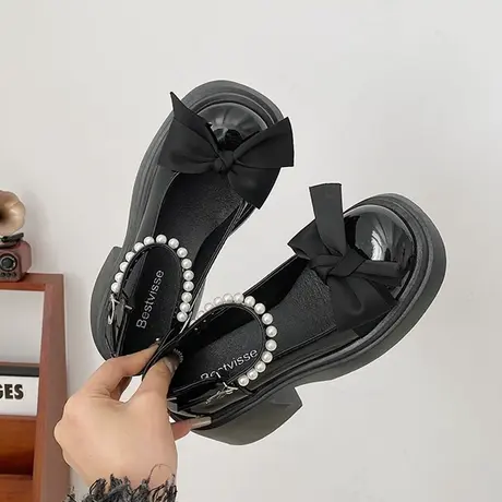 复古玛丽珍鞋女2023春季一字带日系防水台高跟鞋粗跟蝴蝶结单鞋女图片