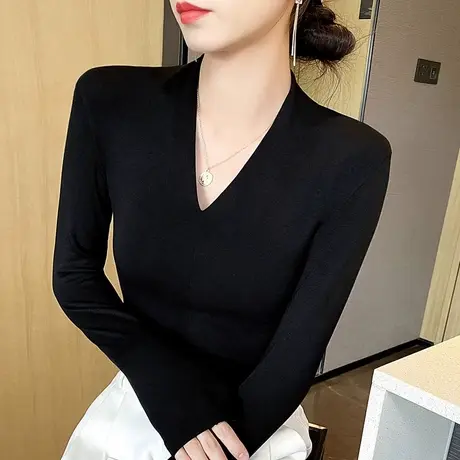 德绒无痕保暖内衣女加绒加厚秋冬季V领打底衫长袖t恤双面磨毛上衣图片