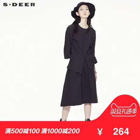 sdeer圣迪奥女装2018秋装纯色文艺收腰七分袖多穿连衣裙S17381202图片