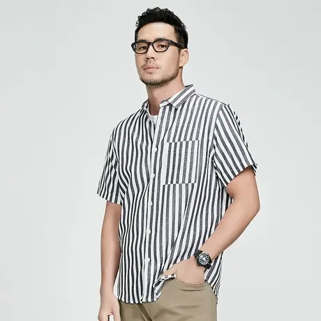 格慕施夏季天丝衬衫男士短袖大码宽松凉感亚麻棉条纹半袖衬衣薄图片