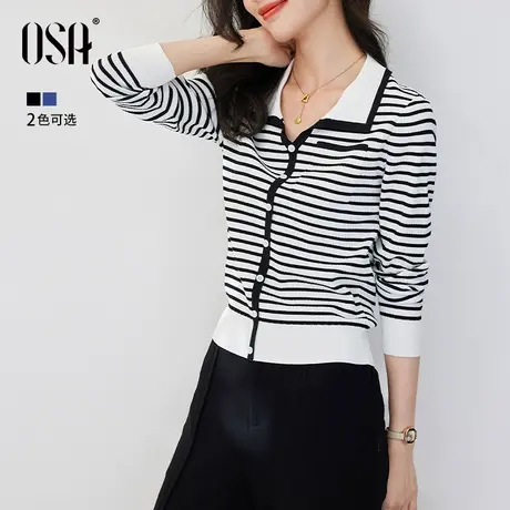 OSA欧莎polo领条纹针织衫女早春装2023年新款修身外穿长袖上衣薄商品大图