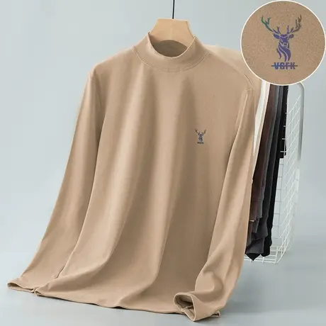 双面德绒t恤男士长袖秋冬保暖半高领打底衫鹿头印花内搭中领秋衣商品大图