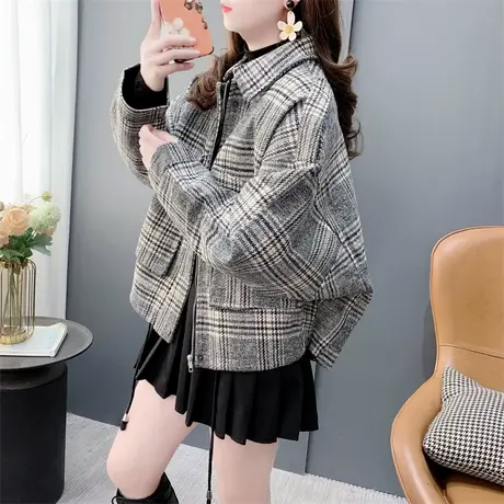 港味复古毛呢格子短外套女秋冬2023年新款宽松百搭小个子开衫上衣商品大图