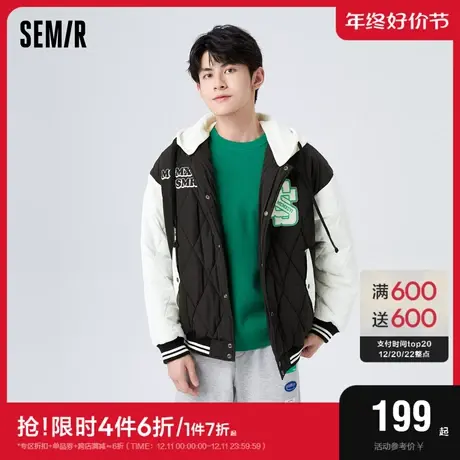 森马棉服男冬季时尚撞色落肩袖oversize棉衣潮流学院休闲连帽外套图片