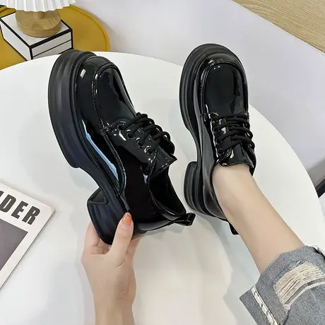 系带圆头单鞋女2024春季新款百搭厚底乐福鞋黑色英伦风小皮鞋子女图片