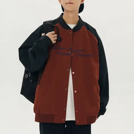 男士美式棒球服男款红色外套男春秋新款上衣拼接情侣装飞行员夹克商品大图