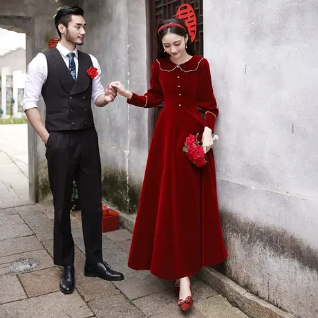 敬酒服新娘冬季红色丝绒加厚惊艳红裙结婚礼服订婚回门甜美娃娃领商品大图