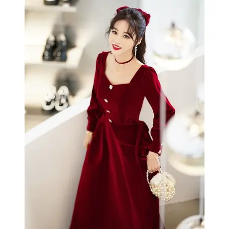 长袖敬酒服新娘2024新款秋冬季丝绒结婚订婚回门礼服简单大气收腰商品大图