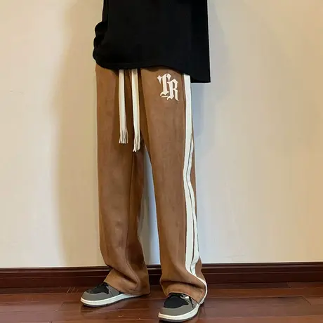 麂皮绒字母发泡条纹裤子男秋冬潮牌ins美式直筒垂感拖地休闲长裤商品大图