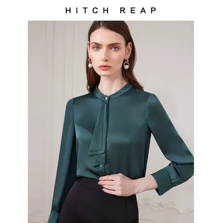希区瑞普原创不对称折叠飘领舒适显瘦抗皱墨绿色衬衫高端优雅上衣图片
