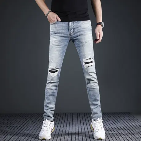 美式高街复古牛仔裤2024新款男修身小脚破洞补丁泼墨潮流男士裤子商品大图