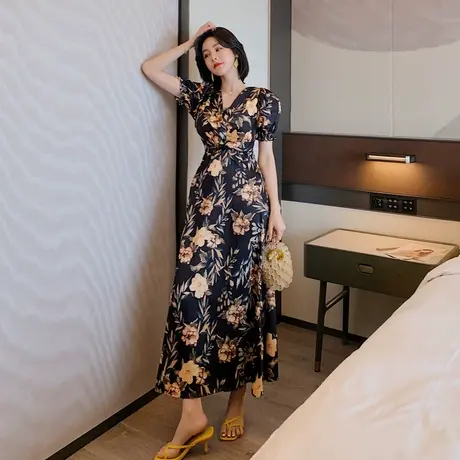 长款花花裙洋气收腰显瘦中长裙2023新款夏季复古碎花雪纺连衣裙女图片