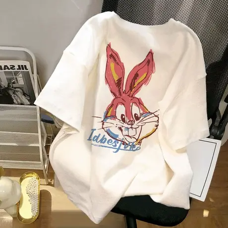 2023新款兔子印花纯棉短袖t恤女夏季韩版宽松小众设计感洋气上衣商品大图