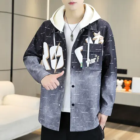 学生牛仔外套男春秋季新款潮流渐变色可卸帽上衣宽松帅气休闲夹克商品大图