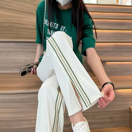开叉冰丝阔腿裤女高腰垂感2024新款夏薄款宽松直筒条纹运动休闲裤图片