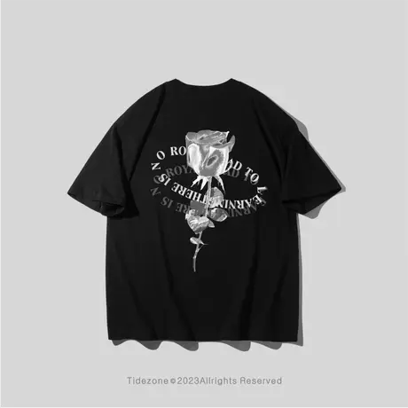 Ohlyah玫瑰花小众潮牌美式重磅夏季纯棉宽松男女同款圆领短袖T恤图片