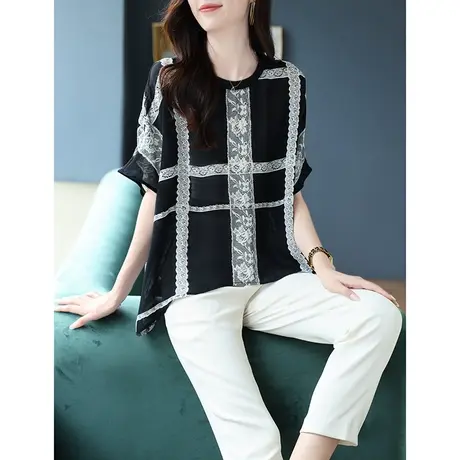 宝诗黎圆领蝙蝠袖印花雪纺上衣2024夏季新款短袖大码宽松T恤小衫商品大图