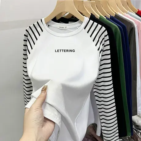 条纹t恤女春长袖正肩圆领纯棉叠穿上衣设计感减龄打底衫内搭秋冬商品大图