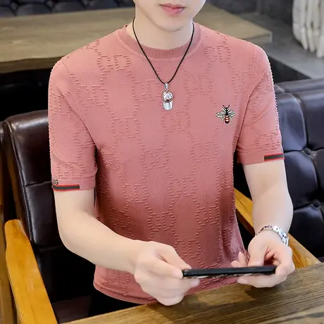 短袖夏季刺绣针织t恤男潮牌薄款冰丝上衣服冰麻凉感高端夏装体恤图片