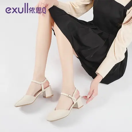 依思q包头凉鞋女粗跟秋季女鞋2023新款鞋子晚晚风后空温柔高跟鞋商品大图