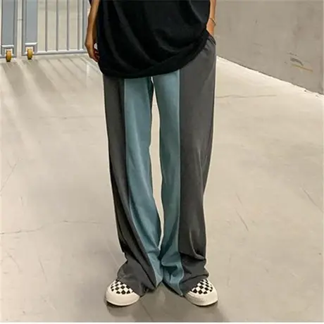 纯诗曼新款纯棉松紧阔腿裤女半身休闲阔腿拼接宽松大码休闲长裤潮商品大图