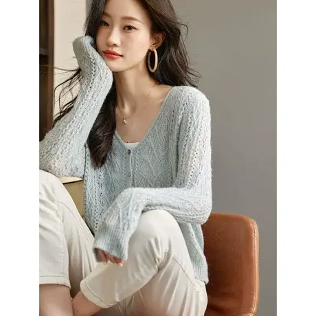 时尚气质长袖毛衣开衫2023年秋新款淑女温柔V领显瘦通勤百搭上衣图片
