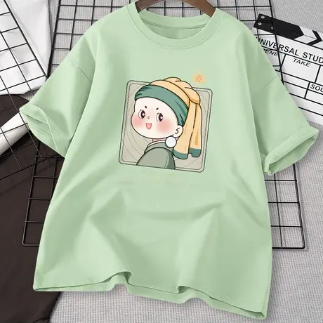 短袖t恤女2023夏季新款纯棉宽松半袖体恤绿色学生小个子夏装上衣商品大图