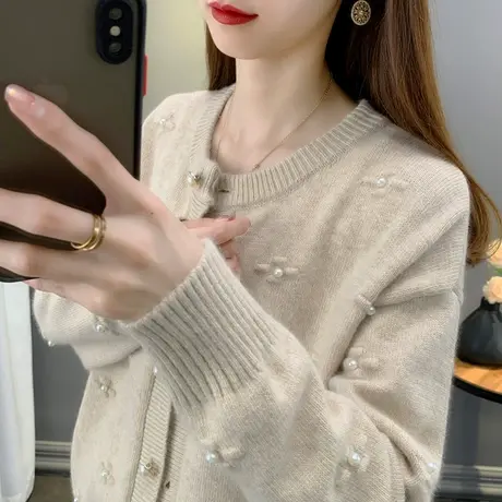 春装新款针织衫女2023年宽松重工钉珠开衫纯色圆领单排扣上衣外套商品大图