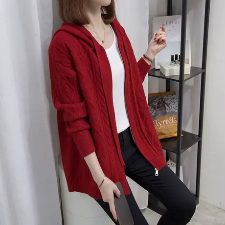 连帽针织开衫女2023秋冬新款宽松外穿上衣外搭加厚慵懒风毛衣外套图片