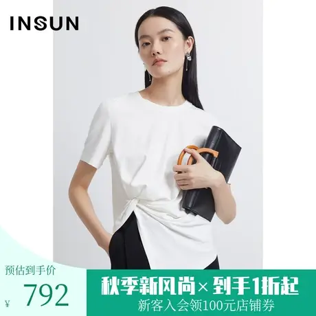 恩裳商场同款夏棉质流行纽结设计立体层次感针织白色T恤商品大图