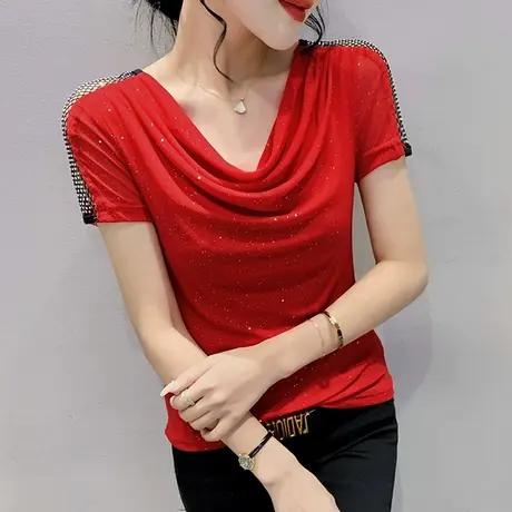 欧货垂感网纱T恤女短袖时尚洋气性感小衫紧身V领上衣百搭别致半袖商品大图