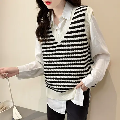 秋季新款2023条纹针织马甲V领背心爆款短外套内搭外穿宽松韩版图片