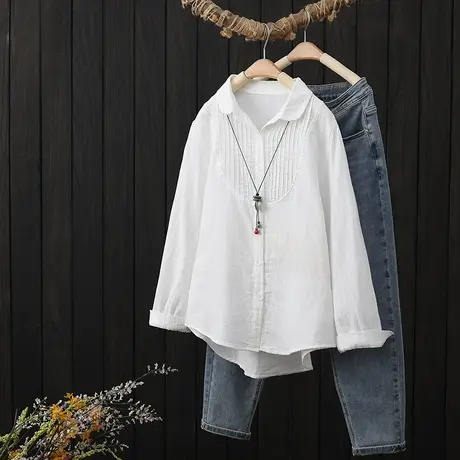 褶皱拼接双层棉纱长袖衬衫女春季新款宽松百搭减龄纯色衬衣打底衫图片