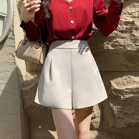 法式杏色西装短裤女2022夏季垂感宽松阔腿高腰配衬衫气质休闲裤子商品大图