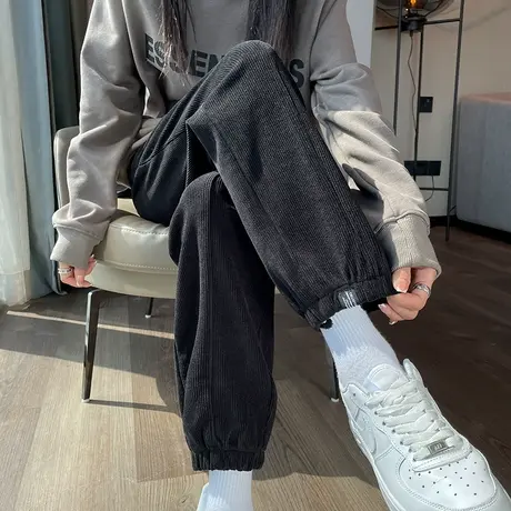 灯芯绒运动裤女束脚2023年春秋新款高腰宽松显瘦九分休闲哈伦卫裤商品大图