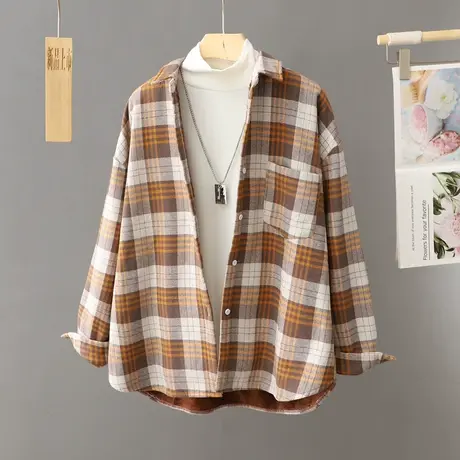 格子衬衫女秋冬2023新款设计感小众长袖上衣加绒加厚衬衣外套大码图片