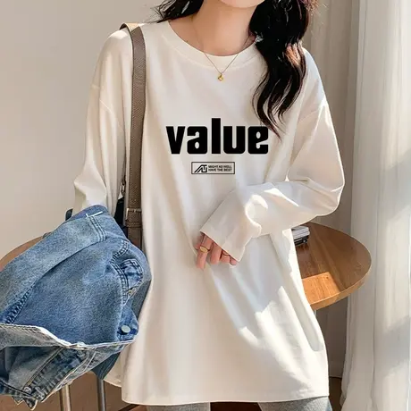 纯棉长袖T恤女2022年新款春秋季宽松字母印花中长款内搭打底上衣商品大图