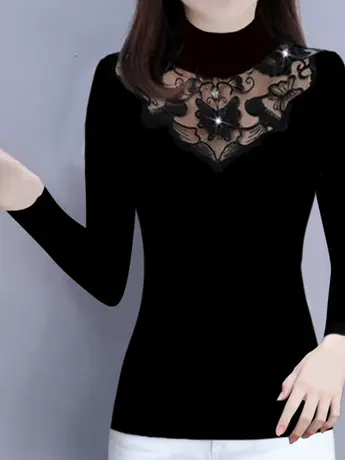 薄款黑色网纱打底衫女秋冬保暖内搭半高领蕾丝长袖t恤中年妈妈装商品大图