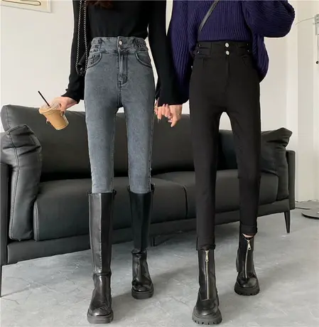 韩国黑色牛仔裤女加绒加厚薄款弹力九分裤高腰修身显瘦小脚铅笔裤商品大图