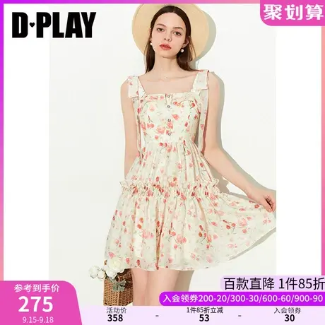 DPLAY2023夏少女感奶油玫瑰园蝴蝶结飘带抽褶蓬蓬裙度假风吊带裙图片