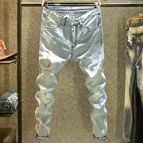 浅色纯手工破洞牛仔裤男款韩版潮流修身小脚裤潮牌刮烂百搭长裤子商品大图
