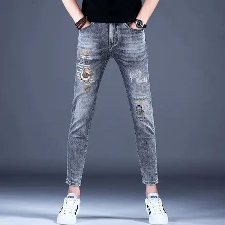 2023新款秋款薄款九分刺绣牛仔裤男款修身小脚弹力高端休闲9分裤商品大图