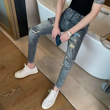 2023春夏新款补丁贴布牛仔裤男潮韩版修身乞丐破洞裤 青年小脚裤商品大图