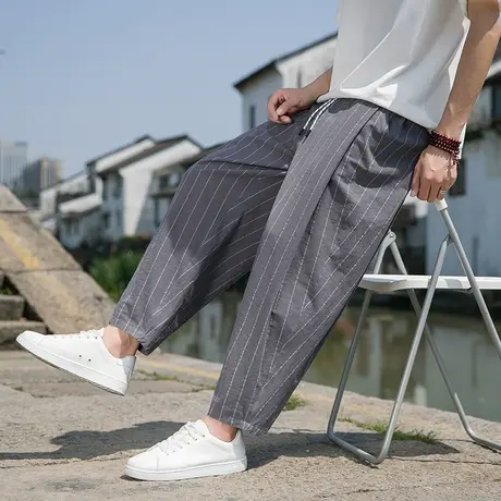 夏季薄款中国风条纹九分裤男冰丝裤子潮流大码胖子锥形哈伦裤男裤商品大图
