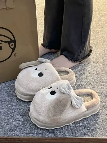2023新款卡通毛毛拖鞋女韩版厚底轻便包头狗耳朵蝴蝶结居家棉拖鞋商品大图