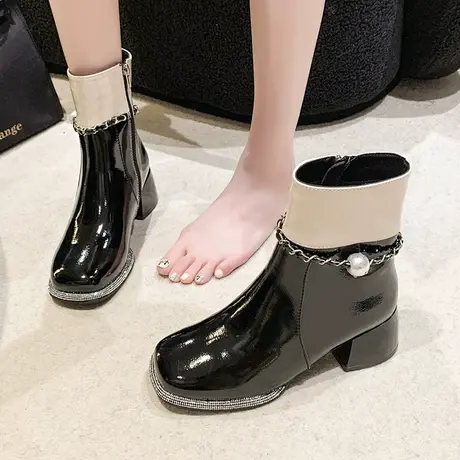 小香风女靴2023秋冬漆皮靴子时尚显瘦舒适粗跟厚底英伦风圆头短靴商品大图